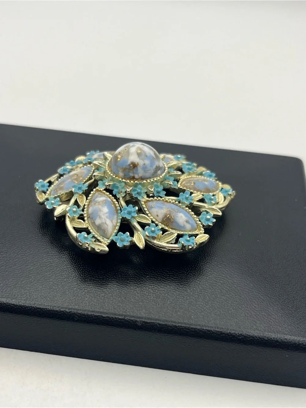 Blue faux stone cabochon painted enamel flower gold tone brooch pin vintage